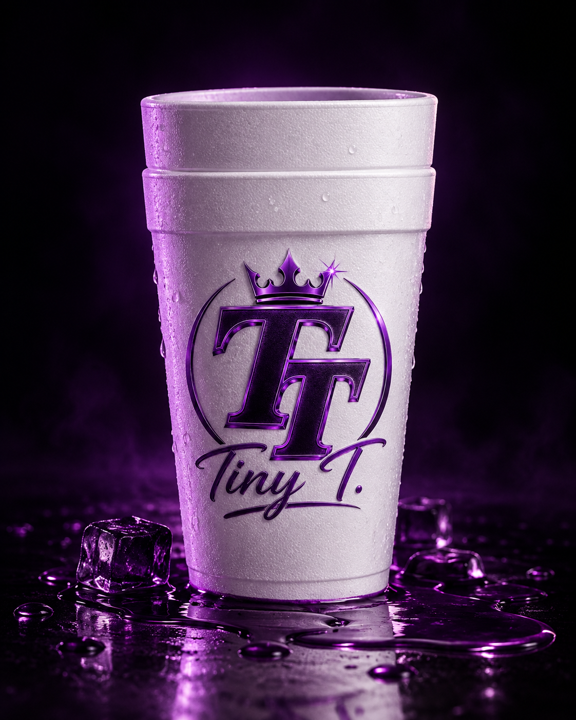 White Tiny T styrofoam cup with purple logo and crown
