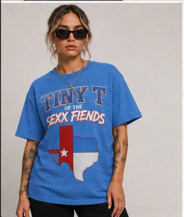 Woman wearing the light blue Tiny T Houston collection T-shirt